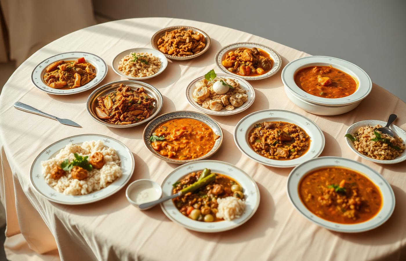 Table spread with a variety of catered Bengali dishes